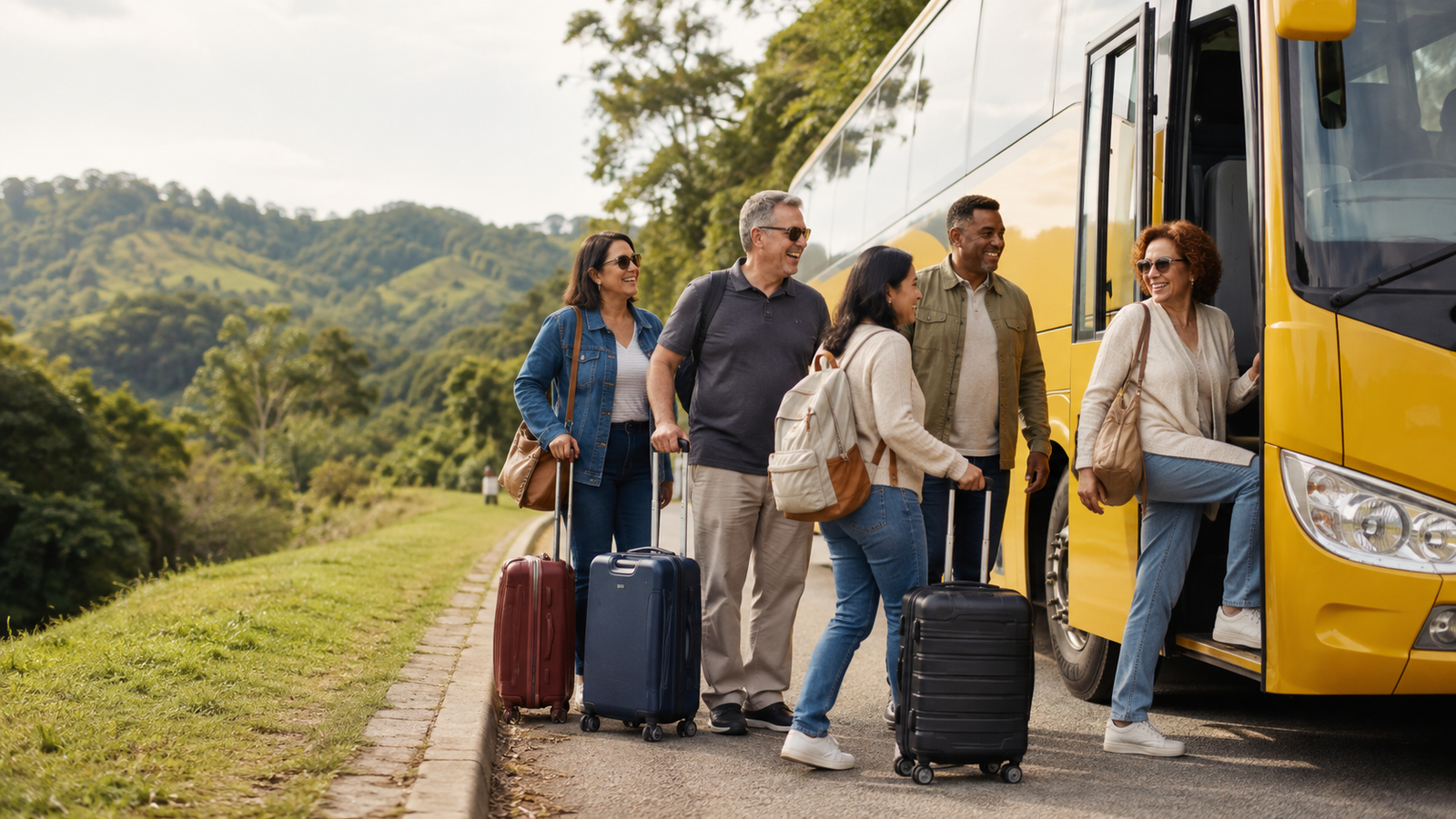 Viajantes felizes embarcando em um ônibus de turismo